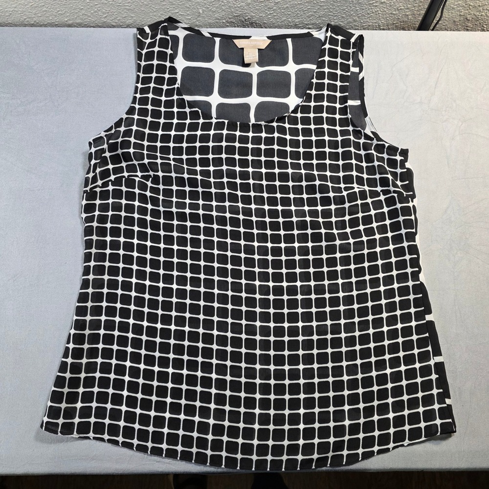 Banana Republic Womens Black White Geometric‎ Grid Sleeveless Sheer Blouse Top M - Picture 1 of 9